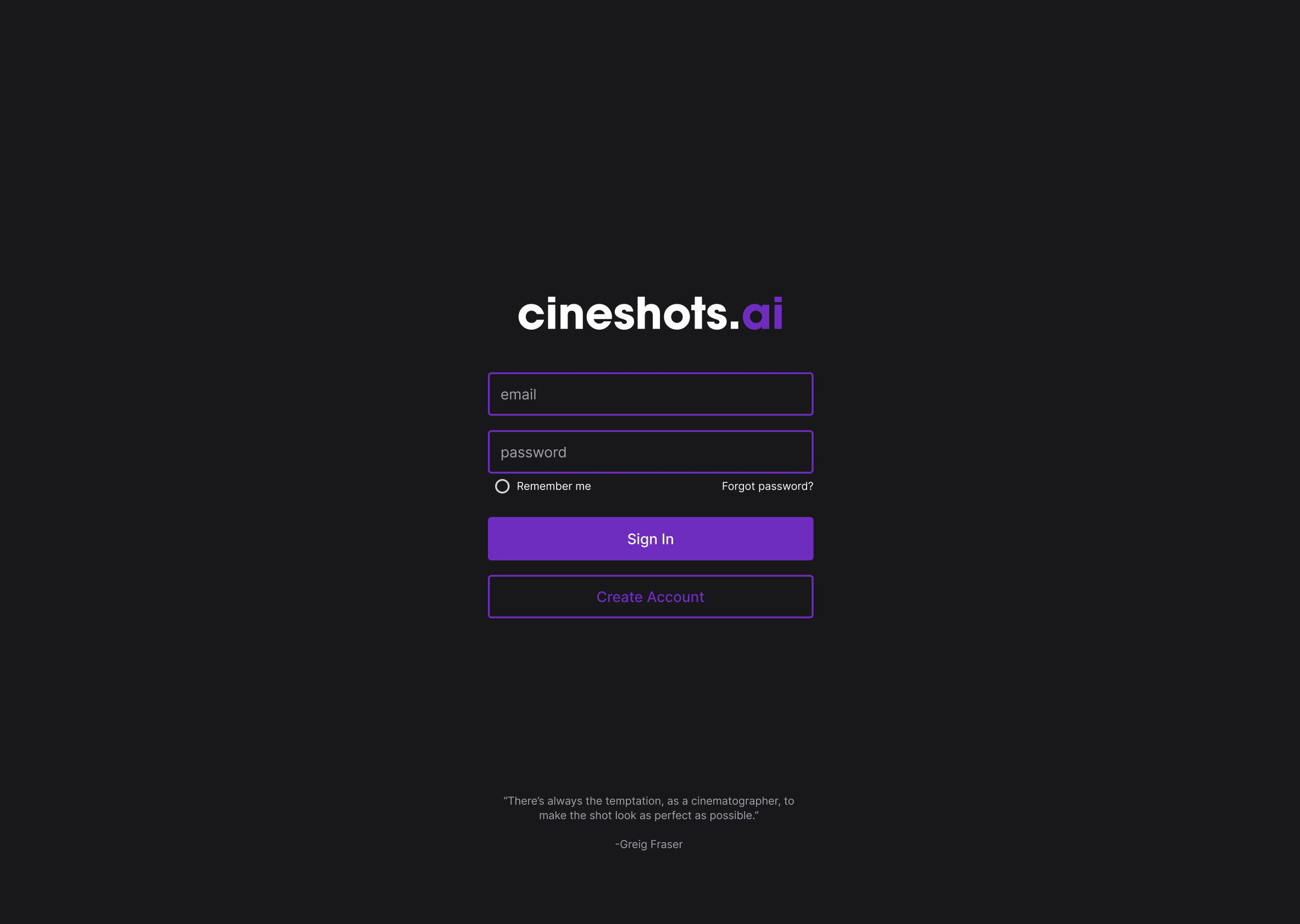 Cineshots Login Screen
