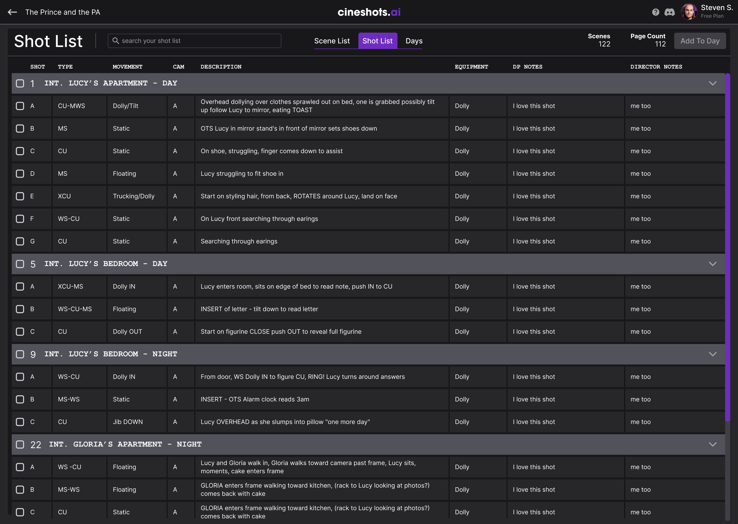 Cineshots.AI Shot List Interface