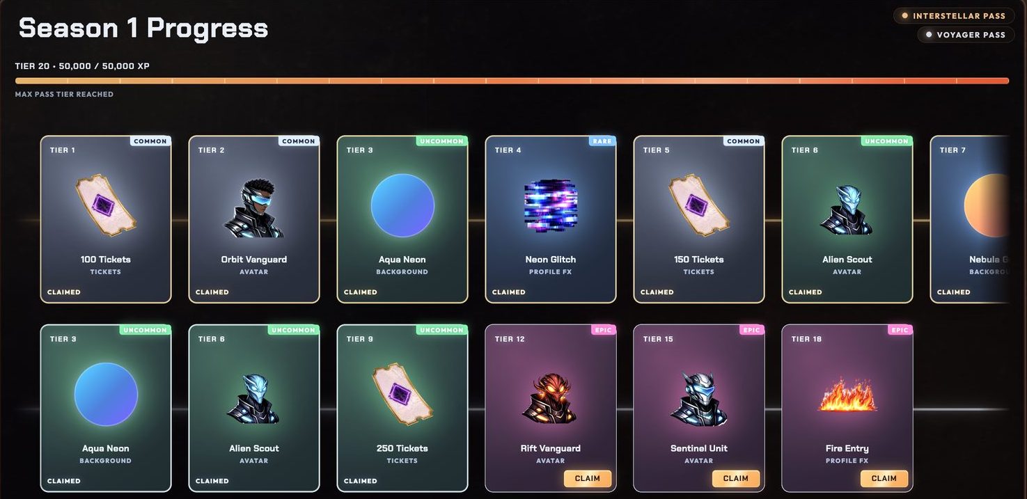 Season 1 reward track, with pass-only rewards on the second row