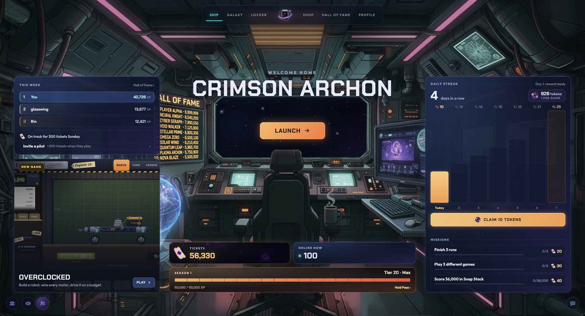 The Ship, Void Arcade’s home screen for signed-in players